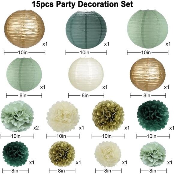 Sage Green Party Decorations Paper Lanterns Pom Poms Birthday Baby Shower Weddin - Picture 2 of 7